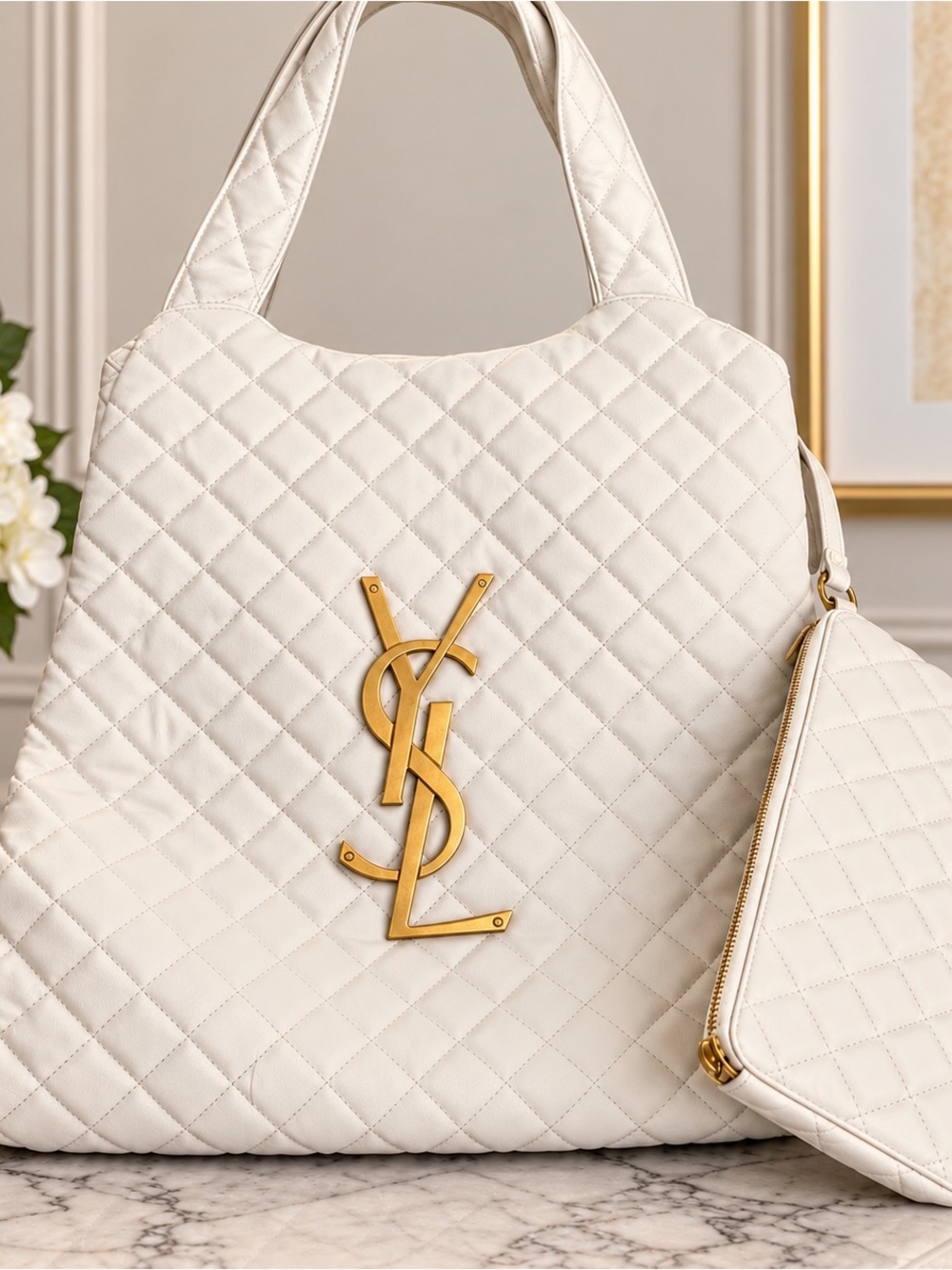 Cream Quilted Tote with Gold Emblem